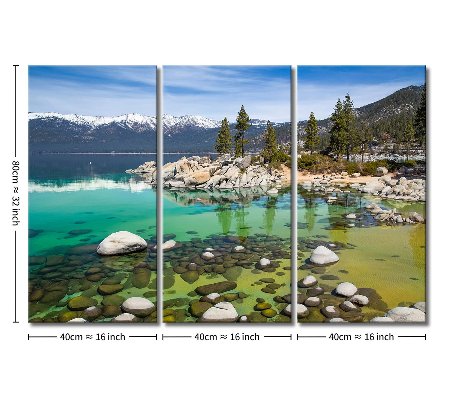 Lake Tahoe Wall Art Decor Clear Turquoise Water and Green Mountain Trees Forest in the California Canvas Pictures Artwork 3 Panel Landscape Painting Prints for Home Living Dining Room