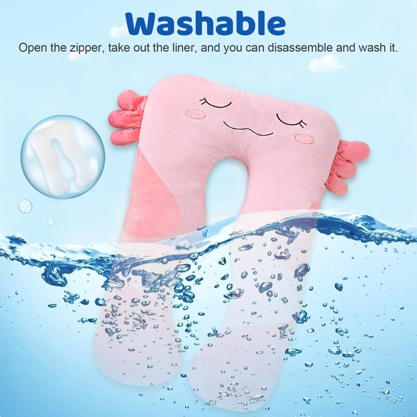 MLdian 47x23 inch U Shaped Long Plush Body Pillows for Kids, Stuffed Animal Axolotl Soft Large Pillow for Sleeping, Big Cute Plushies, Washable Cover, Gift for Boys and Girls