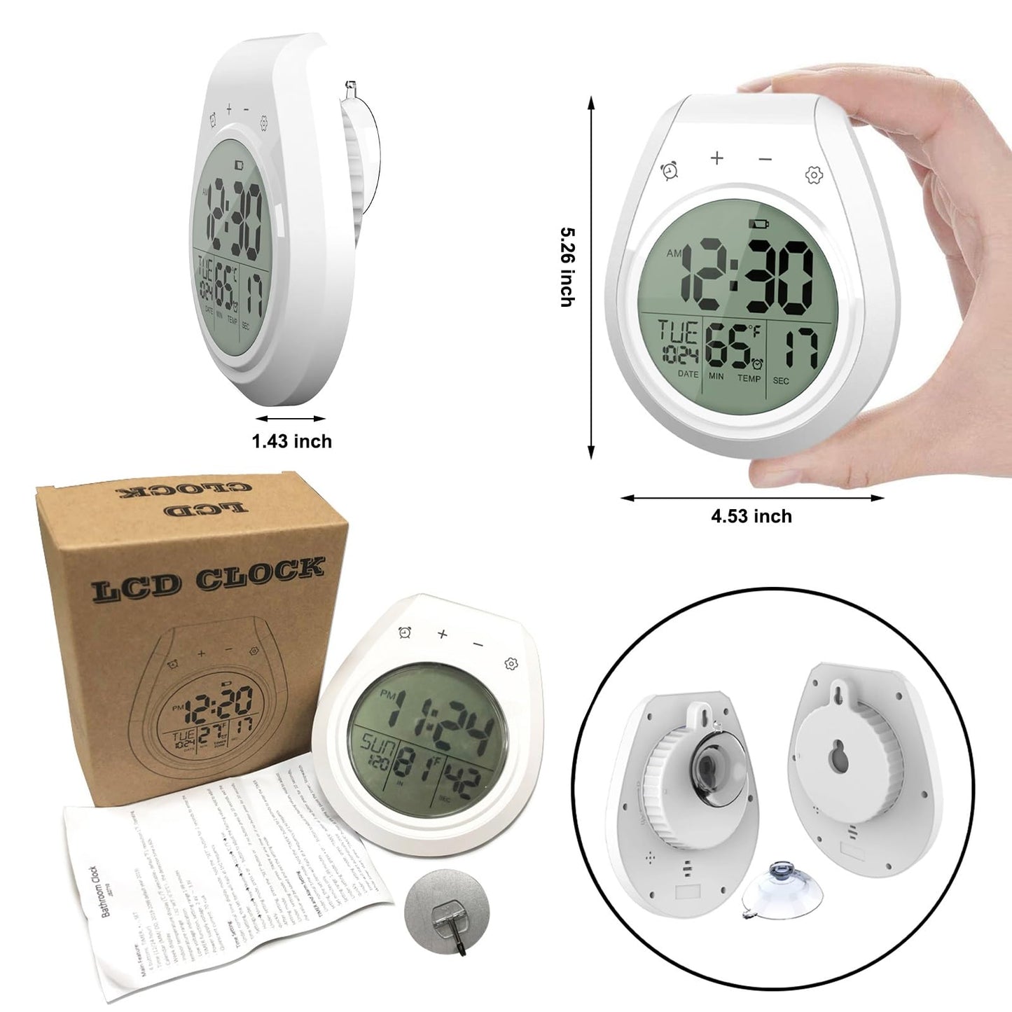EternaHora Shower Clock Waterproof, Bathroom Clock with Temperature & Shower Timer, Small Digital Wall Clock Battery Operated with Suction Cup and Hanging Hole for Kitchen