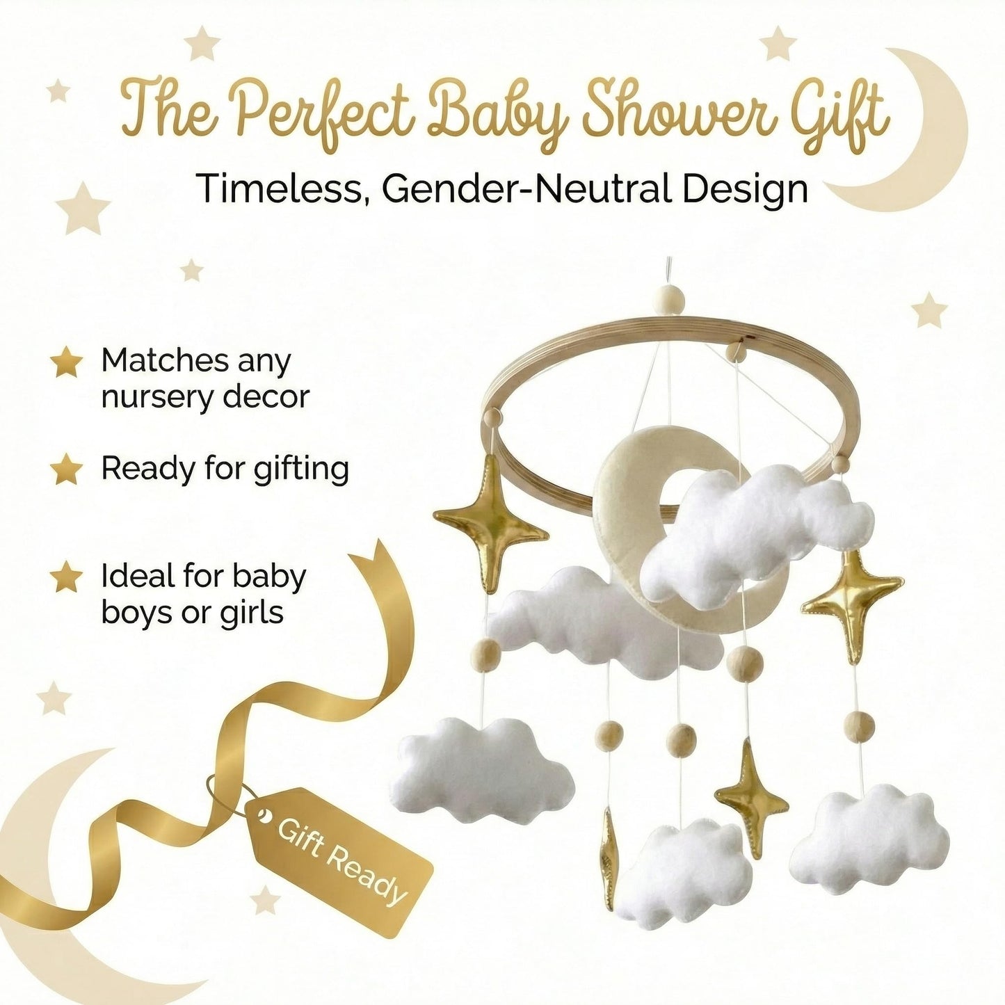 Emmnnic Baby Mobile for Crib - Handmade Modern Boho Baby Mobiles for Bassinet Felt Nursery Mobile Gender Neutral - Gold Moon and Stars - Girl Cribs Decorations