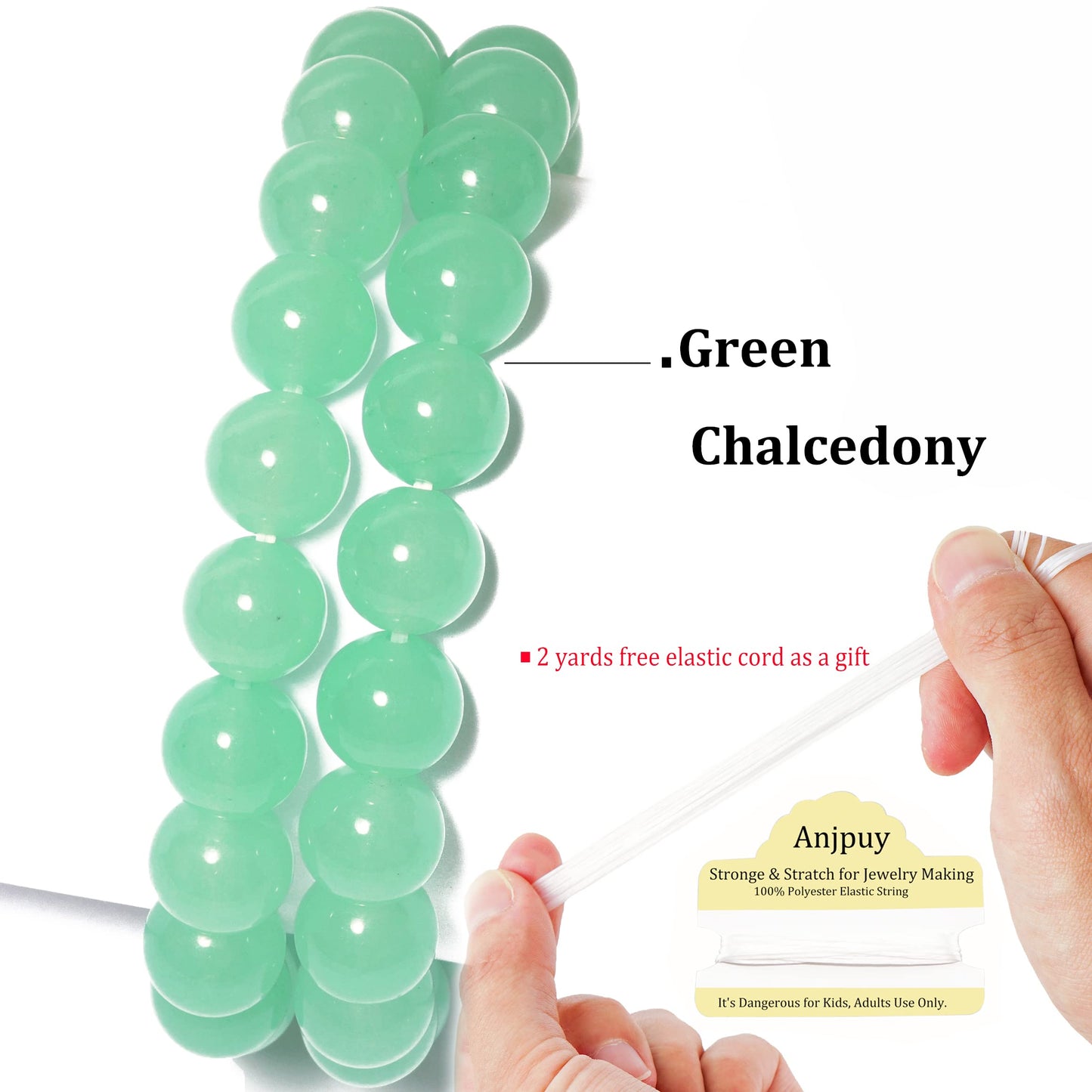 10mm Natural Green Chalcedony Round Bead - 35PCS Bulk Gemstone Beads for Jewelry Making, DIY Bracelets, Necklaces - Includes Crystal Stretch Cord - Stone Beads for Crafting Gifts