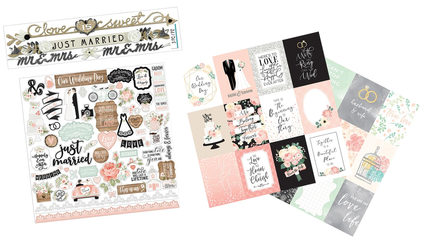 Trendzeen Wedding Scrapbook Stickers - Wedding Scrapbooking Paper and Stickers Kit for Anniversary Album, Letters, Guestbook - Aesthetic Marriage Scrapbook Supplies - 4 Items Set