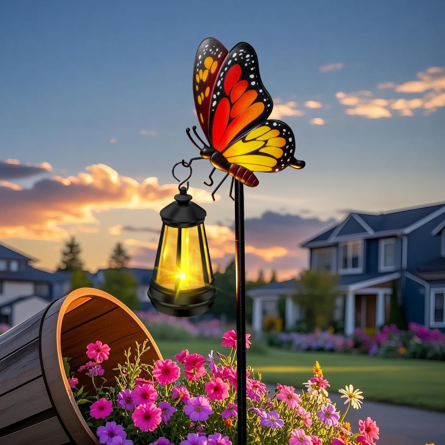 ZFNN Solar Garden Decor Lights Outdoor Waterproof, Metal Butterfly Stakes with Solar Lanterns, Solar Garden Lights for Decorative Yard Art Outside Patio Lawn Ornaments, Gifts for Women Mom