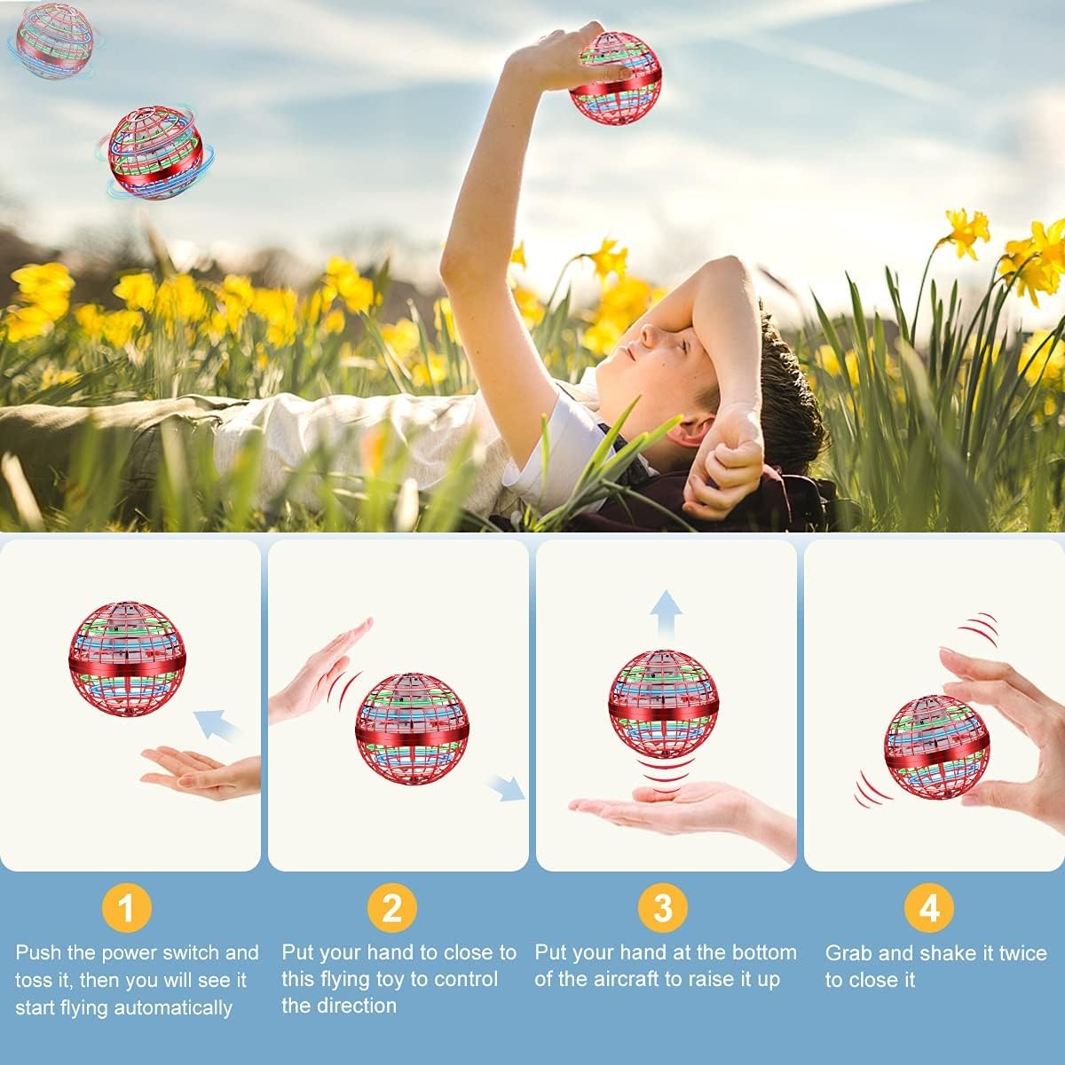 Junywell Flying Orb Ball Toys, Hand Controlled Flying Orb Magic Ball, RGB Led Lights Boomerang Spinner, Drone Cool Toys for 6 7 8 9 10 11 12+ Years Old Boy Girls Birthday 2-Pack