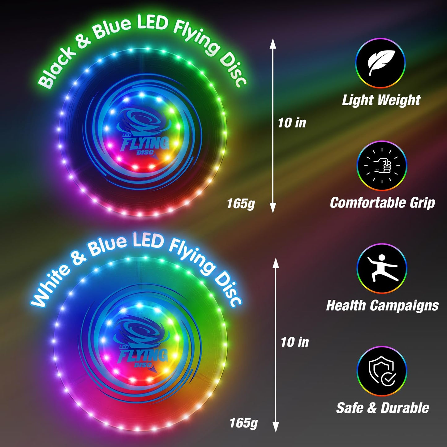 HYES 2 Pack Light up Flying Discs for Kids, 45 LEDs, 14 Lighting Modes, Rechargeable Glow in The Dark Flying Ring for Beach, Camping, Outdoor Game, Sport Toys for Teens Boys Adult