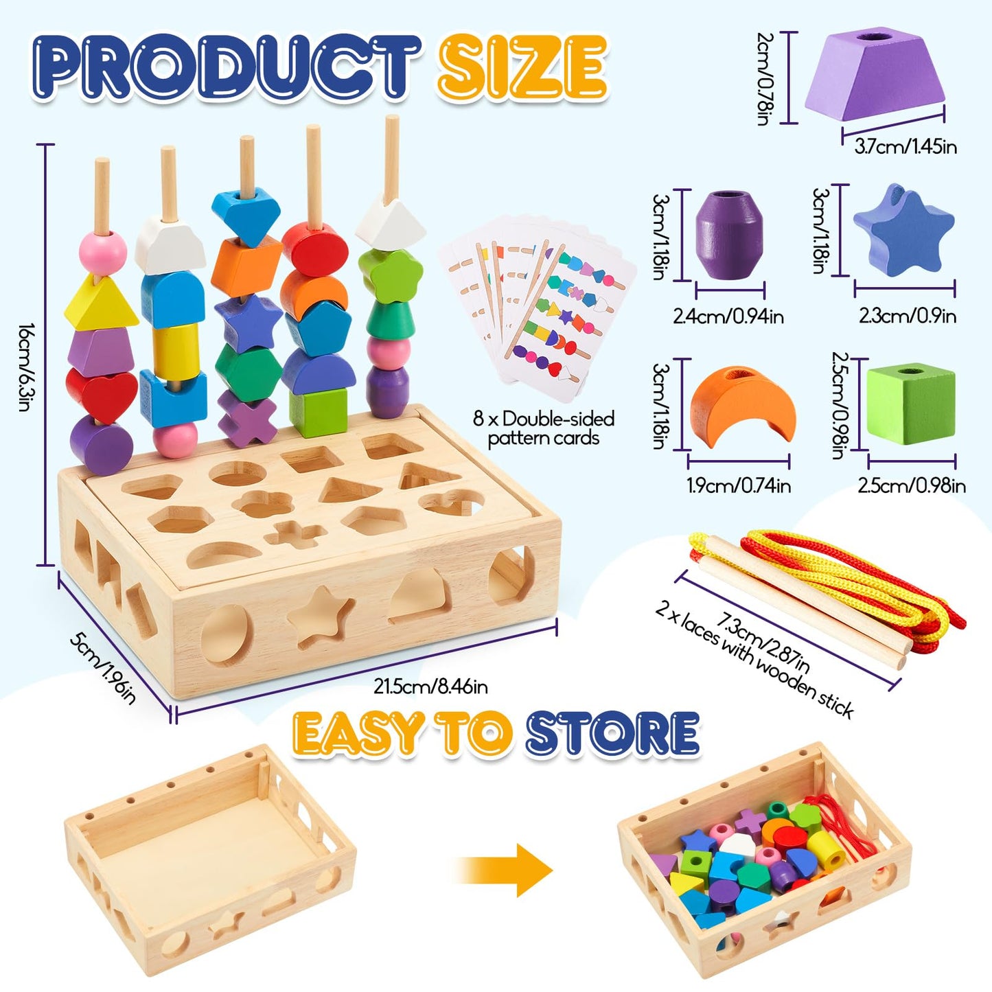 ZGIMI 3 in 1 Montessori Wooden Toys, Lacing Beads & Stacking Blocks & Shape Sorter Sequencing Toy Set, STEM Preschool Educational Learning Fine Motor Skills Toys for Toddlers 3 4 5 Years Gifts