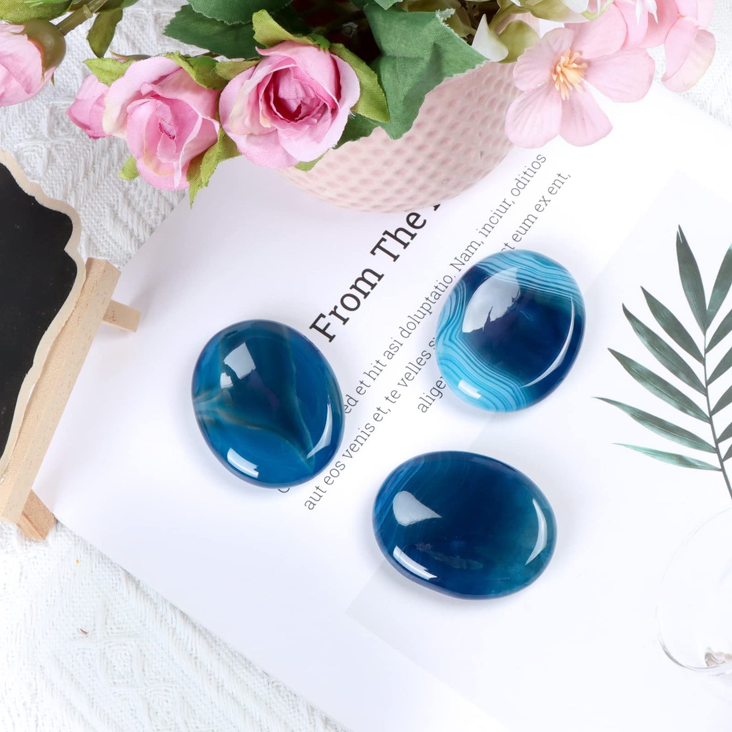 Artistone Blue Agate Crystal Thumb Worry Stones,Healing Crystal Polished Palm Pocket Chakra Gemstones for Anxiety,Stress,Reiki Gift 2.0"