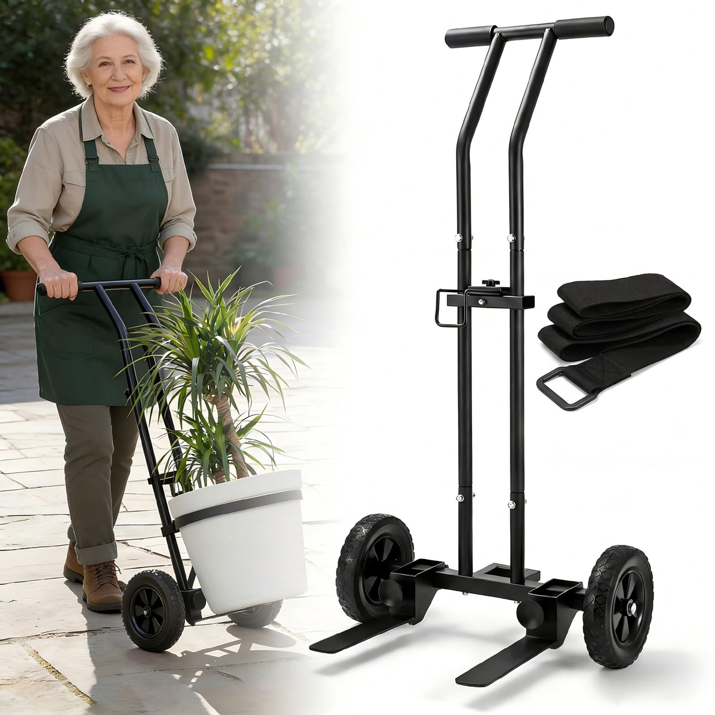 Adjustable Plant Caddy with Wheels, Heavy Duty Plant Dolly Cart w/Grab Arm and Strap Dual Protection, Garden Potted Plant Mover Dolly for Planter Flower Pots Indoor Outdoor, Supports 175lbs, Black