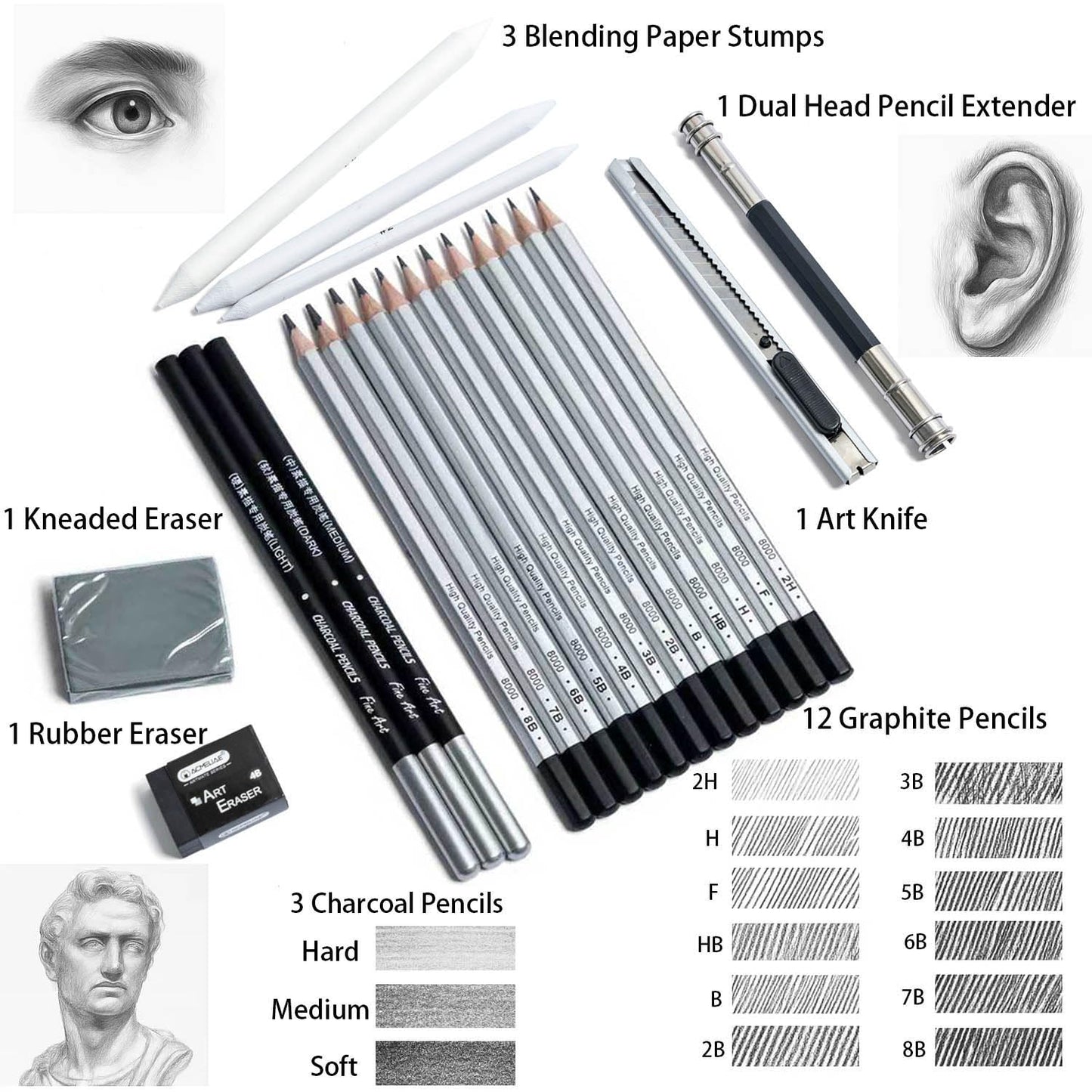 Drawing Sketching Pencil Set, 22 PCS Graphite and Charcoal Pencils with Blending Stumps, Erasers, Art Knife & Pencil Extender in Metal Box, Artist Sketching Supplies for Drawing & Shading (22 Pcs)