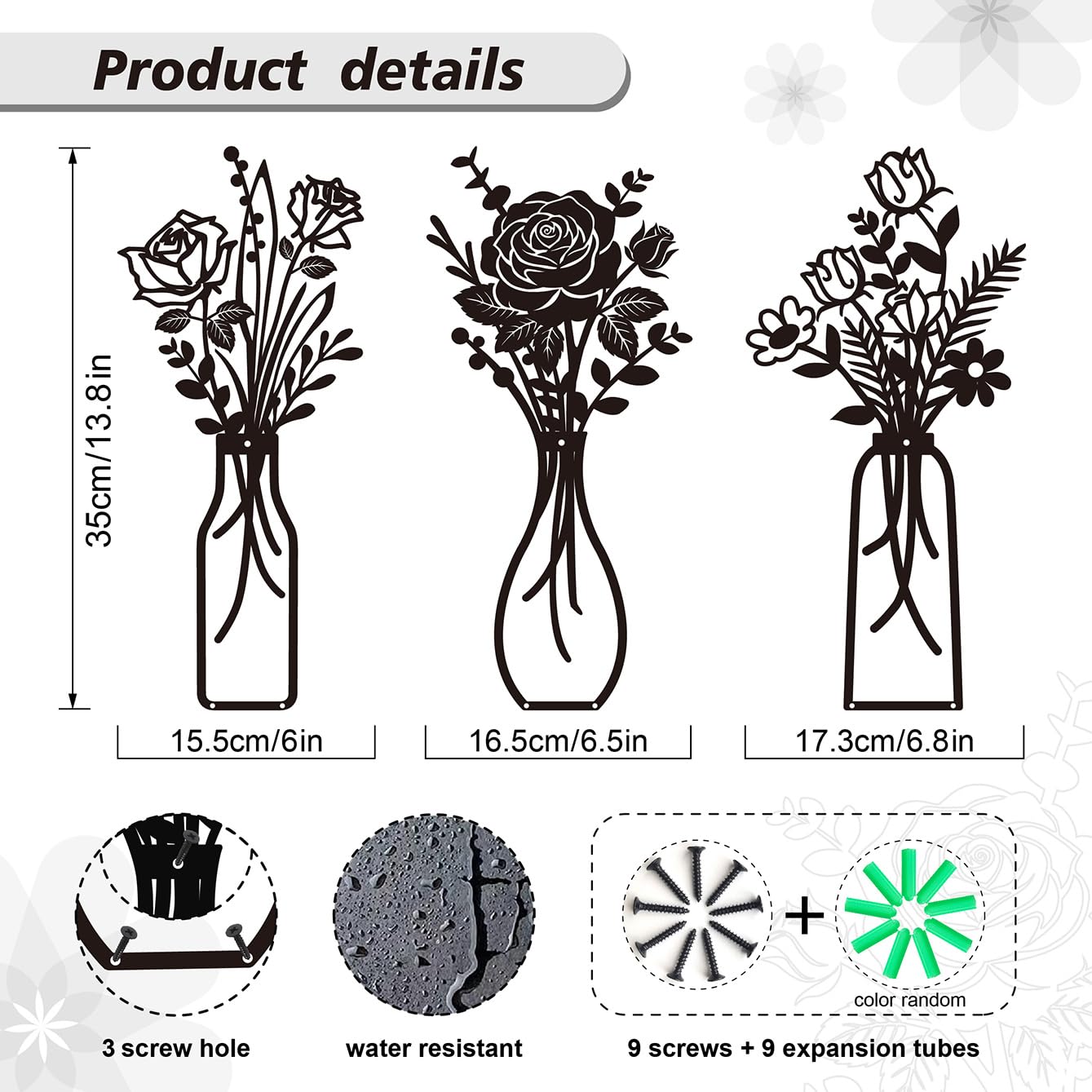 Wcro Metal Flowers Wall Decor,3 Pieces Rose Design Metal Wall Art,Rustic Farmhouse Decor for Garde Living Room Dining Room Bathroom Kitchen,Home Decor Gift (black-rose).