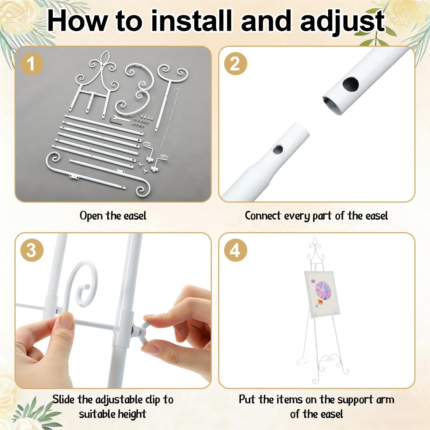Tosstuki White Easel Stand for Sign Adjustable Wedding Welcome Sign Stand Metal Floor Easel with Chain Support for Wedding Poster Photo Art Pictures Painting Display (61 Inch)