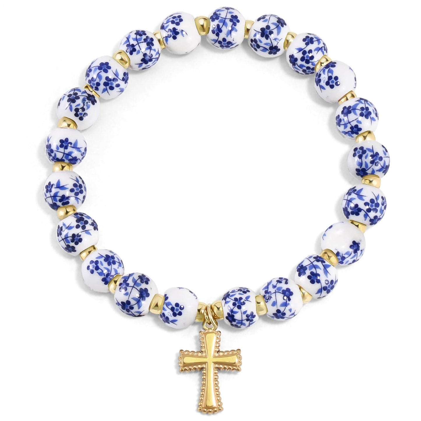 VIBILIA Cross Bracelets for Women, Cross Charm Vintage Jewelry, Flower Beaded Bracelet, Gold Handmade Stretch Jesus Baptism Romantic Christian Birthday Gifts for Women on Easter Mother's Day, Blue