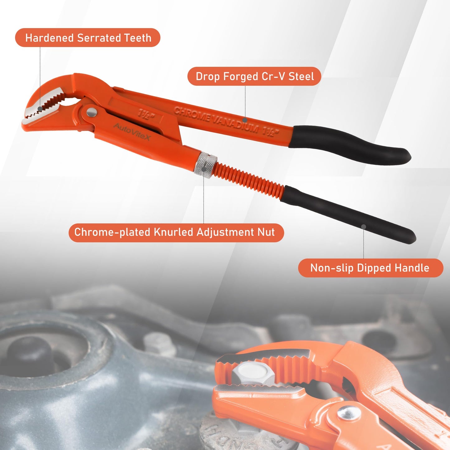 AutoViteX 17-Inch Swedish Pipe Wrench, Heavy Duty Adjustable Plumbing Wrench with 45°Angled Jaw for All Types of Nuts, Water Pipes