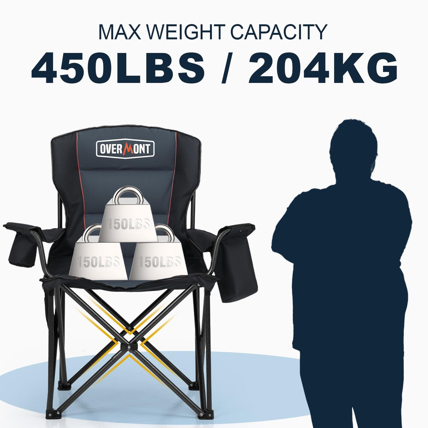 Overmont Oversized Folding Camping Chair - 450lbs Support with Padded Cushion Cooler Pockets - Heavy Duty Collapsible Chairs for Sports Garden Beach Fishing Black