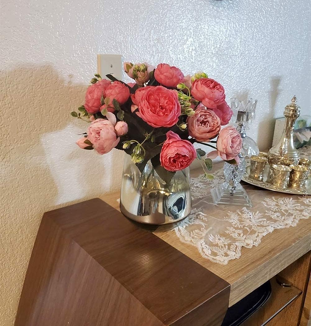 DEEMEI 4 Bundles Peonies Artificial Flowers, Fake Silk Peonies Bouquet of Flowers for Home Decor Faux Floral Table Centerpieces for Kitchen Bathroom Wedding Party Decor(Rose Red+Pink)
