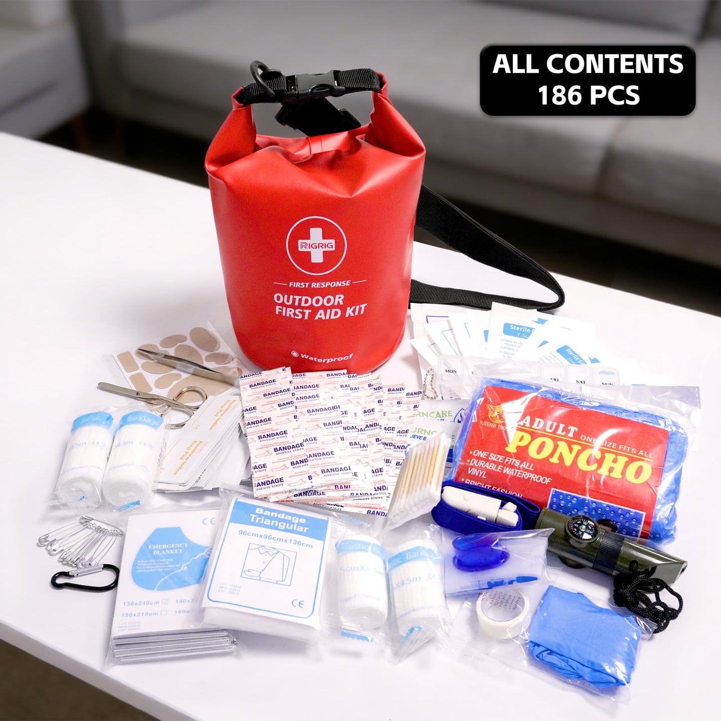 RIGRIG Waterproof First Aid Kit 186 Pcs Survival Gear, Portable Small Boat Dry Bag Bug Out Bags, Emergencies Medical Kit Ideal for Boating, Fishing, Hiking, Camping, Kayaking (Red)
