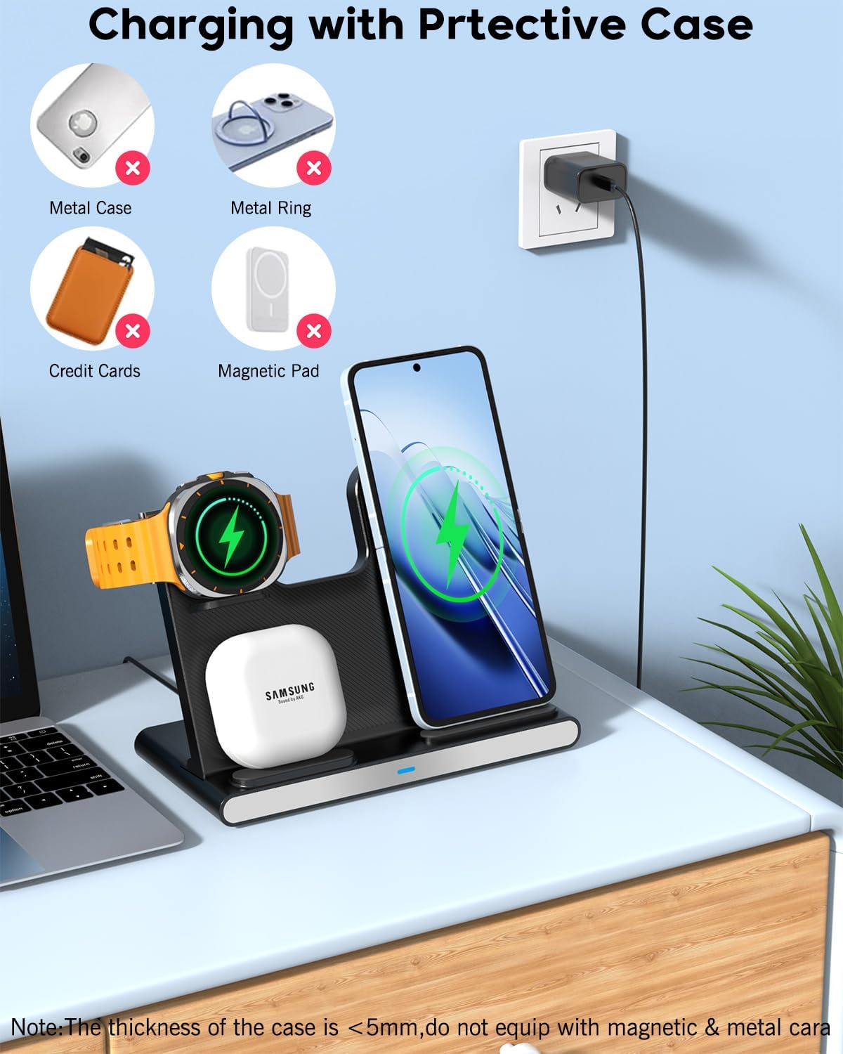 Wireless Charger for Samsung, 3 in 1 Samsung Wireless Charging Station with 20W PD Charger Adapter & 6FT Cable for Galaxy S26/S25/S24/S23 Ultra,Z Fold/Flip,Galaxy Watch 8/7/6/5/5Pro/Buds 3/2/Pro/Live