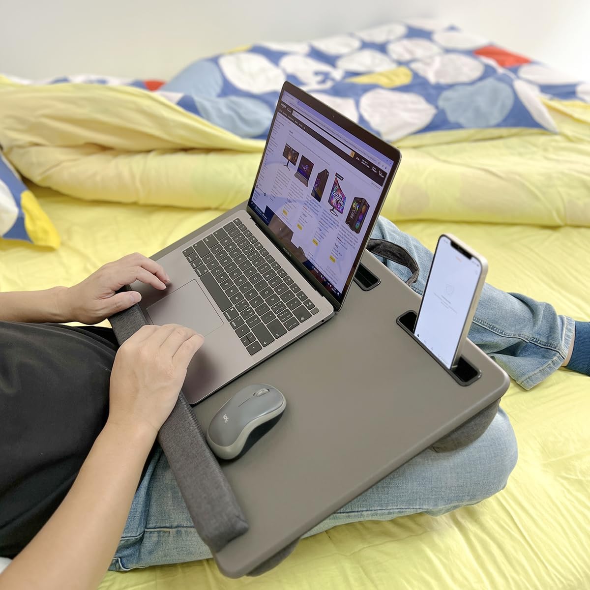 HLead Lap Desk Home Office Lap Desk Portable Laptop Desk for Left Right - Handers with Whole Mouse Pad Wrist Pad Dual Cushion Phone Tablet Slots Fits Up to 17 Inch Laptops