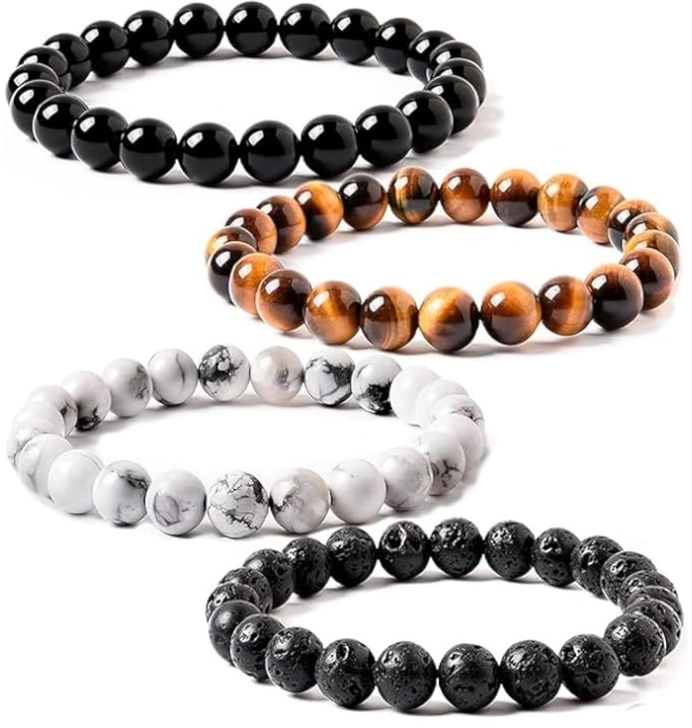 WFJ Beaded Bracelet Set of 4: White Magnesit, Tigers Eye Stone, Black Agate Lava Stone Bracelets Women Energy Protection Chakra Balance Triple Hand Beads