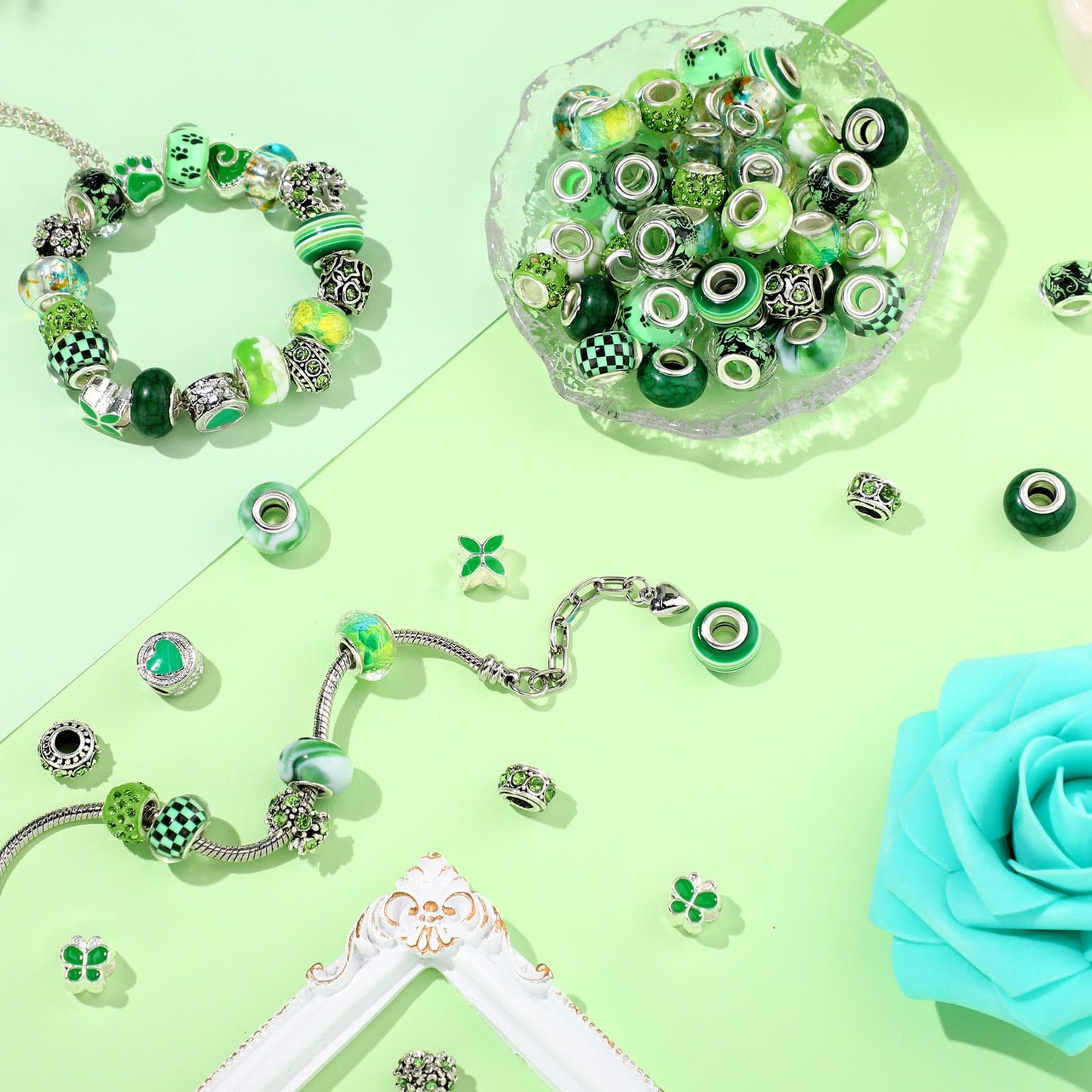 Hicarer 80 Pcs Assorted European Large Hole Beads, Spacer Glass Beads Rhinestone Metal Macrame Charms Supplies for DIY Crafts Bracelets Necklaces Jewelry Making(Green)