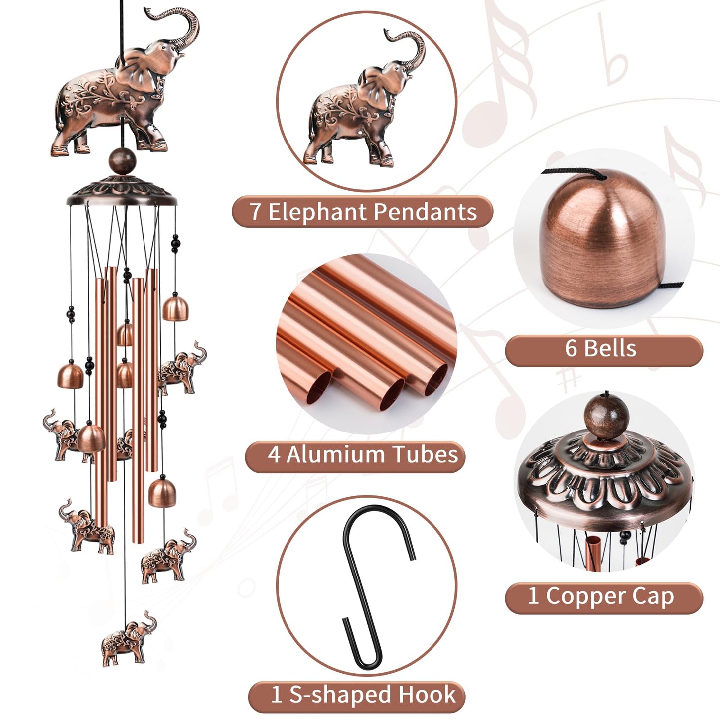 Nowpis 35 Inch Elephant Wind Chime, Handmade Large Metal Animal Figurine Windchimes for Garden Decor, Deep Soothing Bass Tones Wind Chimes for Outside, Memorial Gifts for Patio, Yard, Porch