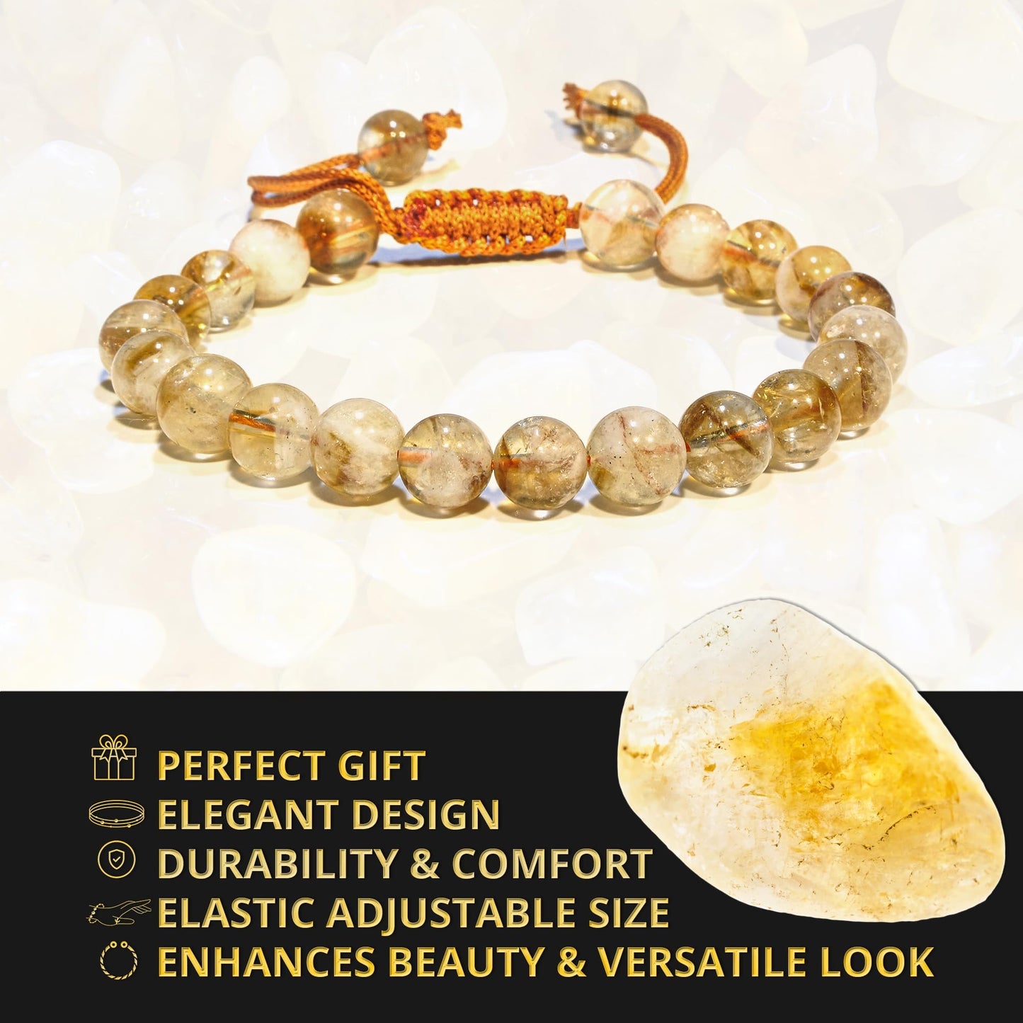 ANAYA AGATE Healing Crystal Bracelet – Chic Gemstone Bracelet for Men and Women – 8mm Round Bead Bracelets for Spiritual Healing, Protection, Positive Energy - Citrine Natural
