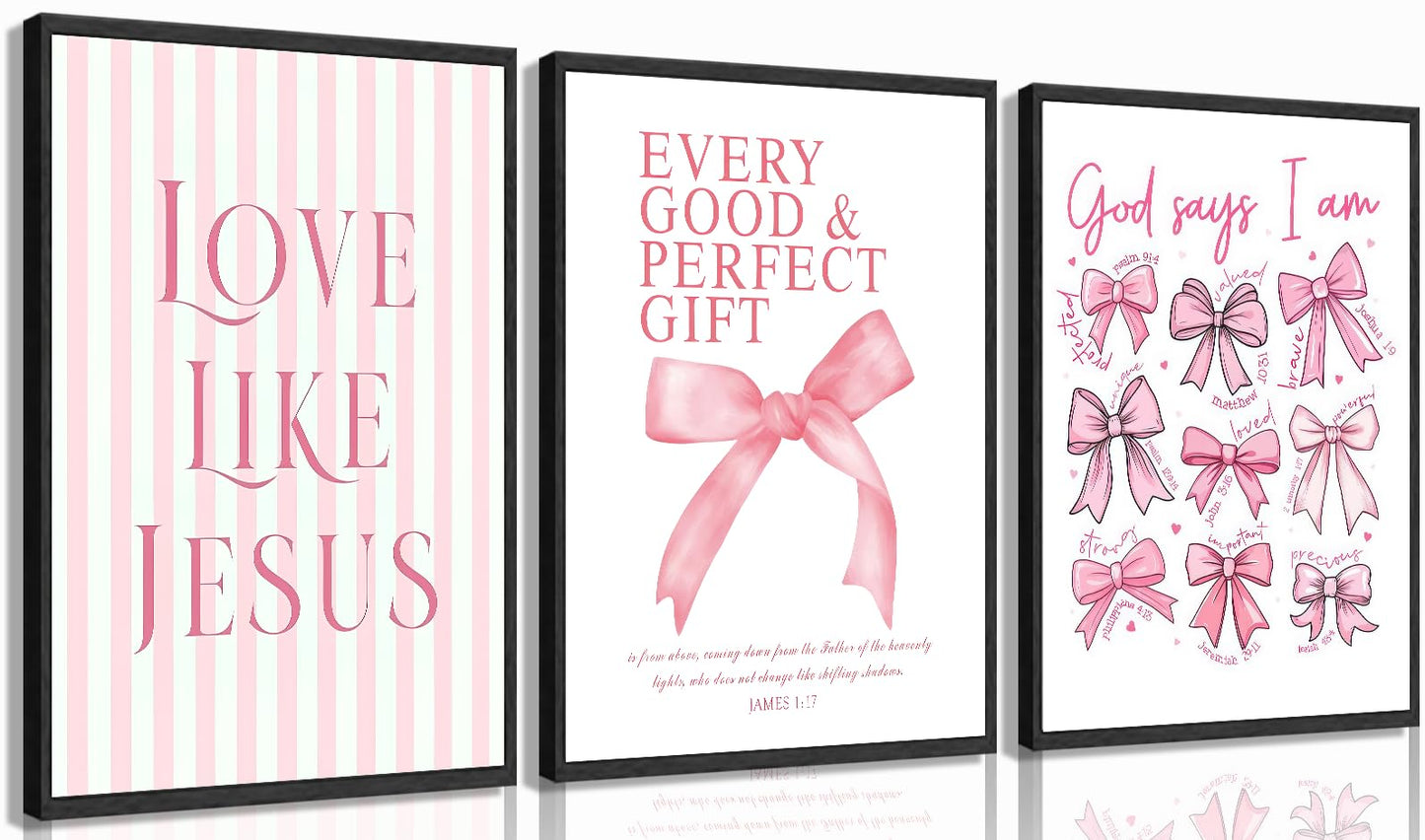 3Pcs Pink Bow Canvas Wall Art, Coquette Preppy Painting Pictures Wall Decor, Christian Inspirational Bible Posters Print Artwork for Girls Dorm Room, Apartment, Home Decoration 16x24 Unframed