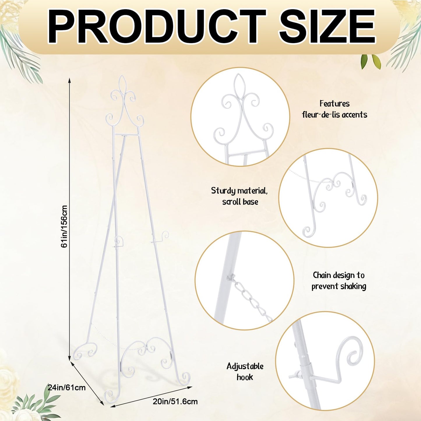Tosstuki White Easel Stand for Sign Adjustable Wedding Welcome Sign Stand Metal Floor Easel with Chain Support for Wedding Poster Photo Art Pictures Painting Display (61 Inch)