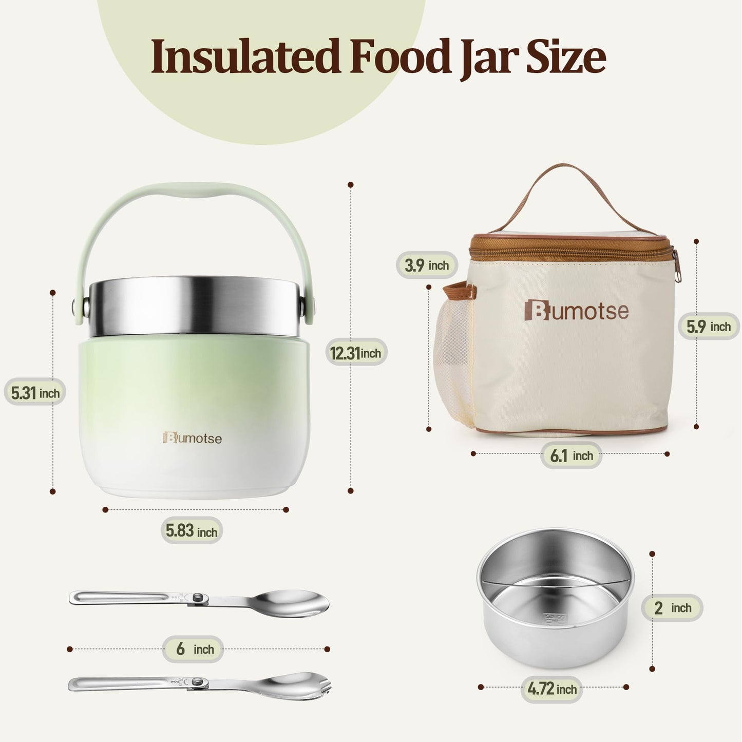 Bumotse 40oz Insulated Food Jar with 2 Compartments, Leak-Proof Thermo for Hot Food Wide Mouth Stainless Steel Includes Spoon and Fork Soup Thermo Lunch Containers Bento Box for Adults（Green