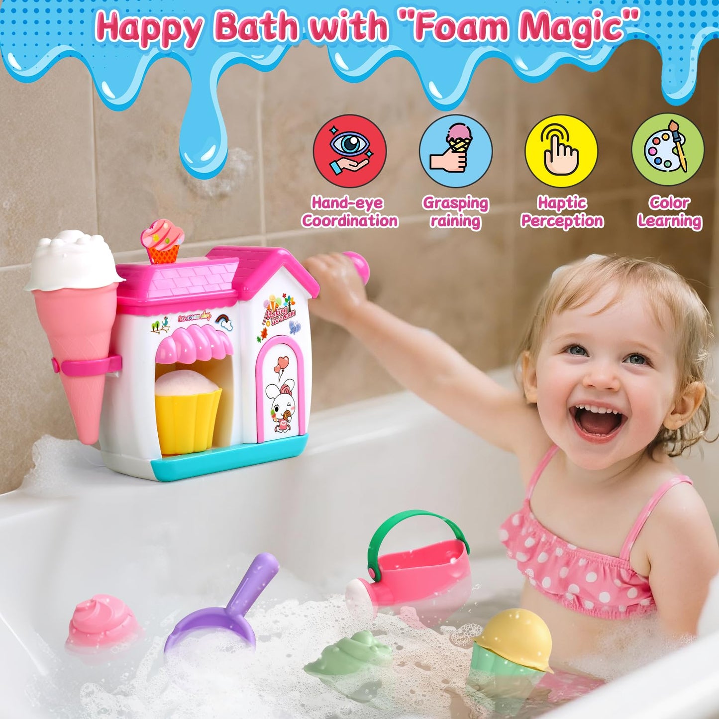 Bath Toys for Kids Ages 4-8 3-5 Toddler Bath Toys Bathtub Ice Cream Foam Maker Bubble Pretend Cake Play Set Water Toys Birthday Gifts for 2-4 5 6 Year Old Girls Boys