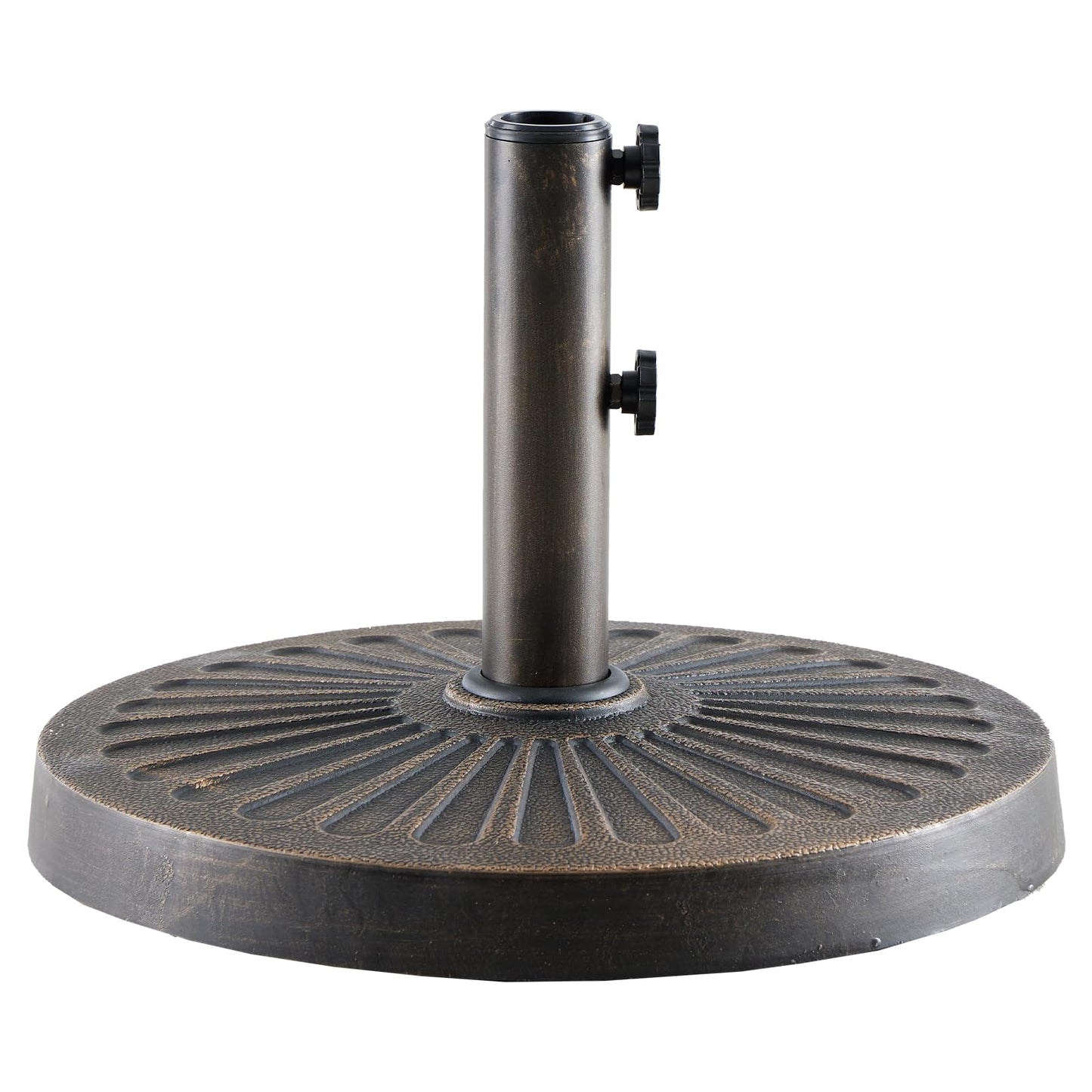 DUMOS 30LBS Heavy-Duty Outdoor Umbrella Base, Weather-Resistant Resin Patio Umbrella Stand, Rust-Proof Coated Umbrella Holder for Garden/Pool/Backyard, 2 Securing Knobs, 2 Pole Adapters, Bronze