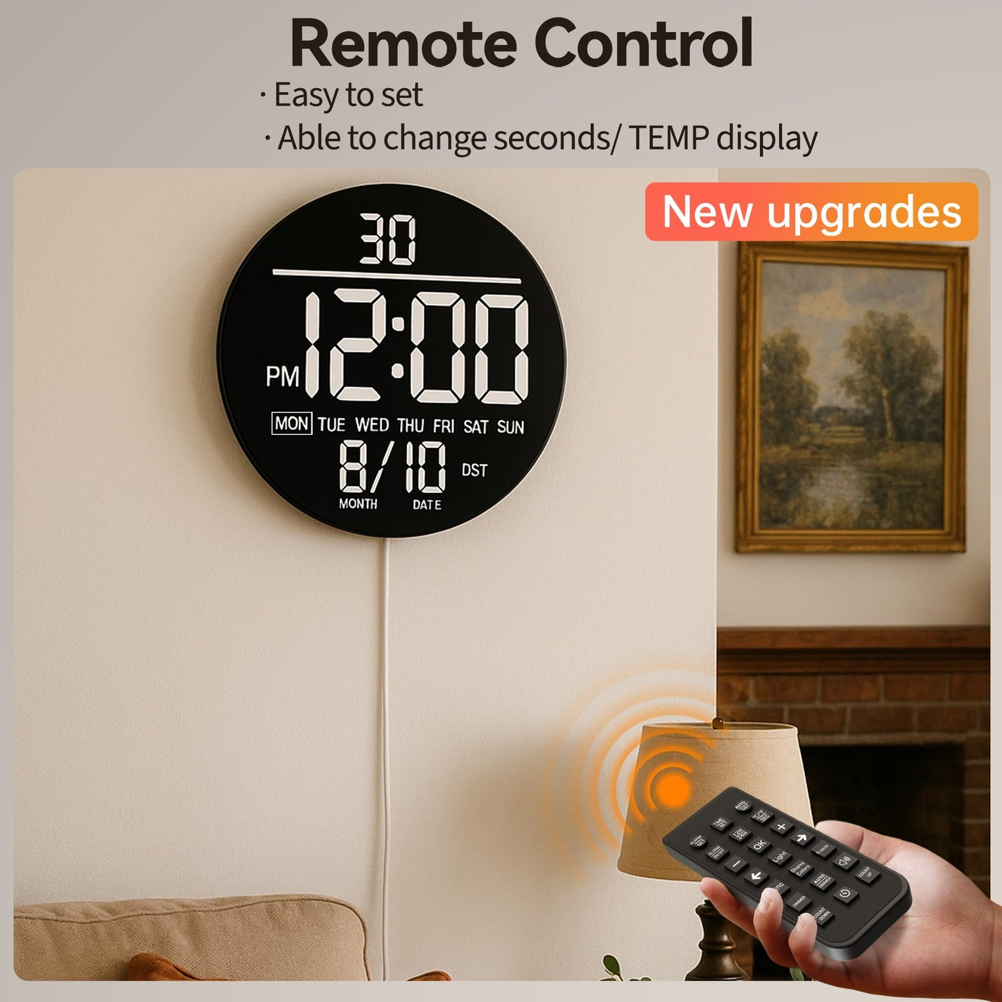 JALL 10" Large Digital Wall Clock with Seconds, Alarm Countdown Timer, Big LED Display, RGB Color, DST, Temperature, Mounted for Bedroom Living Room Office Classroom Gym, Xmas Birthday Gift, Blue