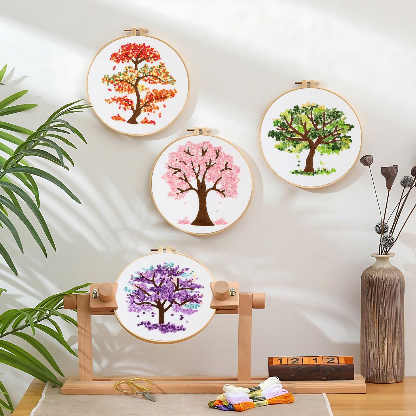 Sivilife Embroidery Starter Kit for Beginners, 4 Sets Stamped Cross Stitch Kits for Adult, Seasonal Tree Pattern Hand DIY Kits with 2 Embroidery Hoop Instructions Color Threads Needles and Scissor