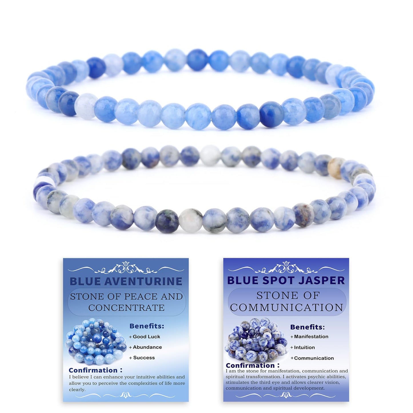NCB 2-Piece 4mm Natural Crystal Gemstone Stretch Bracelets – ﻿Blue Aventurine, Blue Spot Handmade Reiki Energy Healing Jewelry for Meditation,Yoga, Unisex