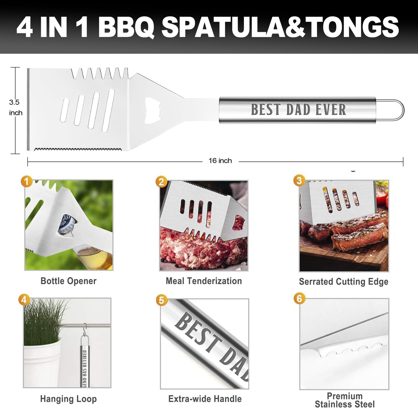 Dad Gifts, Dad Birthday Gifts from Daughter Son Heavy Duty Grilling Accessories Kit for Backyard BBQ, Thick Stainless Steel Grill Utensils with Non-Slip Handle Tool for Man on Christmas
