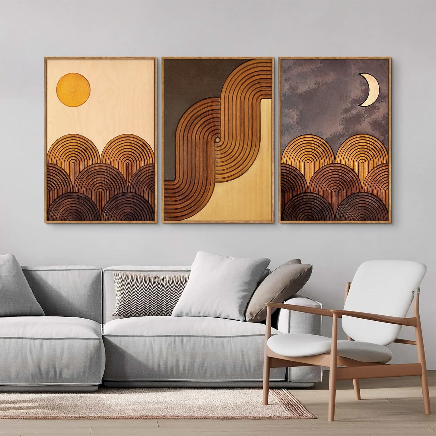 Tinonedraw Mid Century Modern Framed Canvas Wall Art Set, Boho Minimalist Geometric Arch Wall Decor, Bohemian Sun and Moon Art Paintings, Beige Brown Wooden Artwork for Living Room Bedroom 16"x24"x3