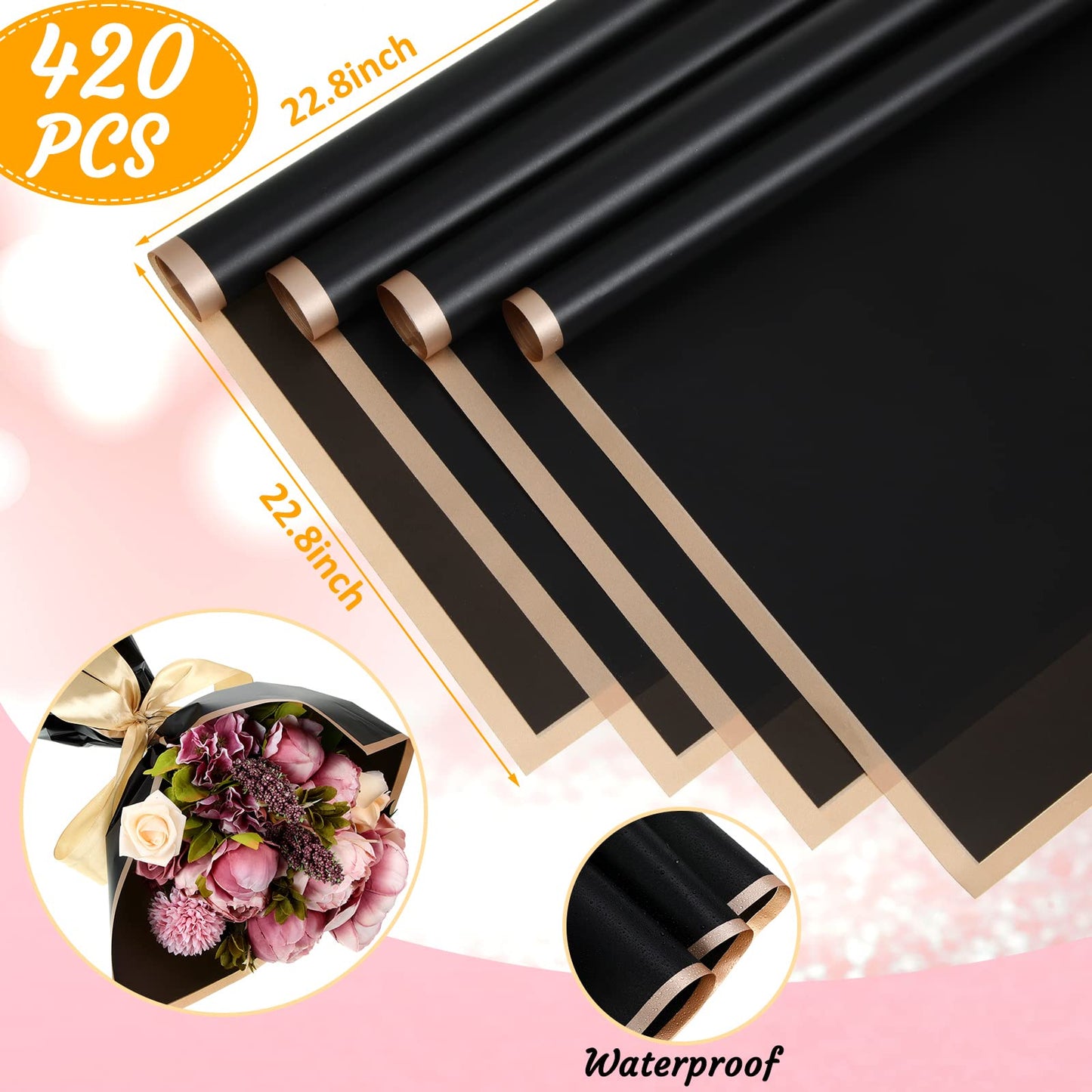 Yahenda 420 Sheets Black Flower Wrapping Papers:23" x 23" Black Flower Bouquets with Gold Edge Korean Style Wrapping Paper for DIY Gifts Craft Floral Supplies Packaging