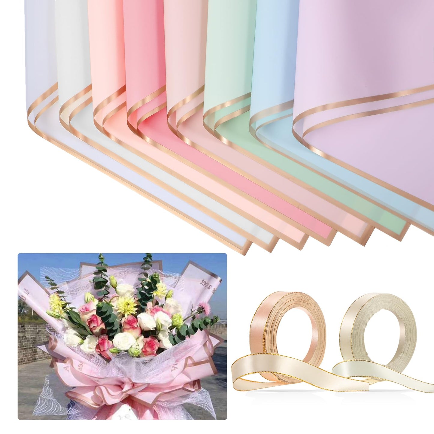 Tenare 20 Sheets Waterproof Floral Wrapping Paper with 2 Ribbons - 23.6" x 23.6" Frosted Flower Bouquet Wrapping Paper for Mother's Day, Wedding, Birthday & Florist Supplies(Bright Colors)