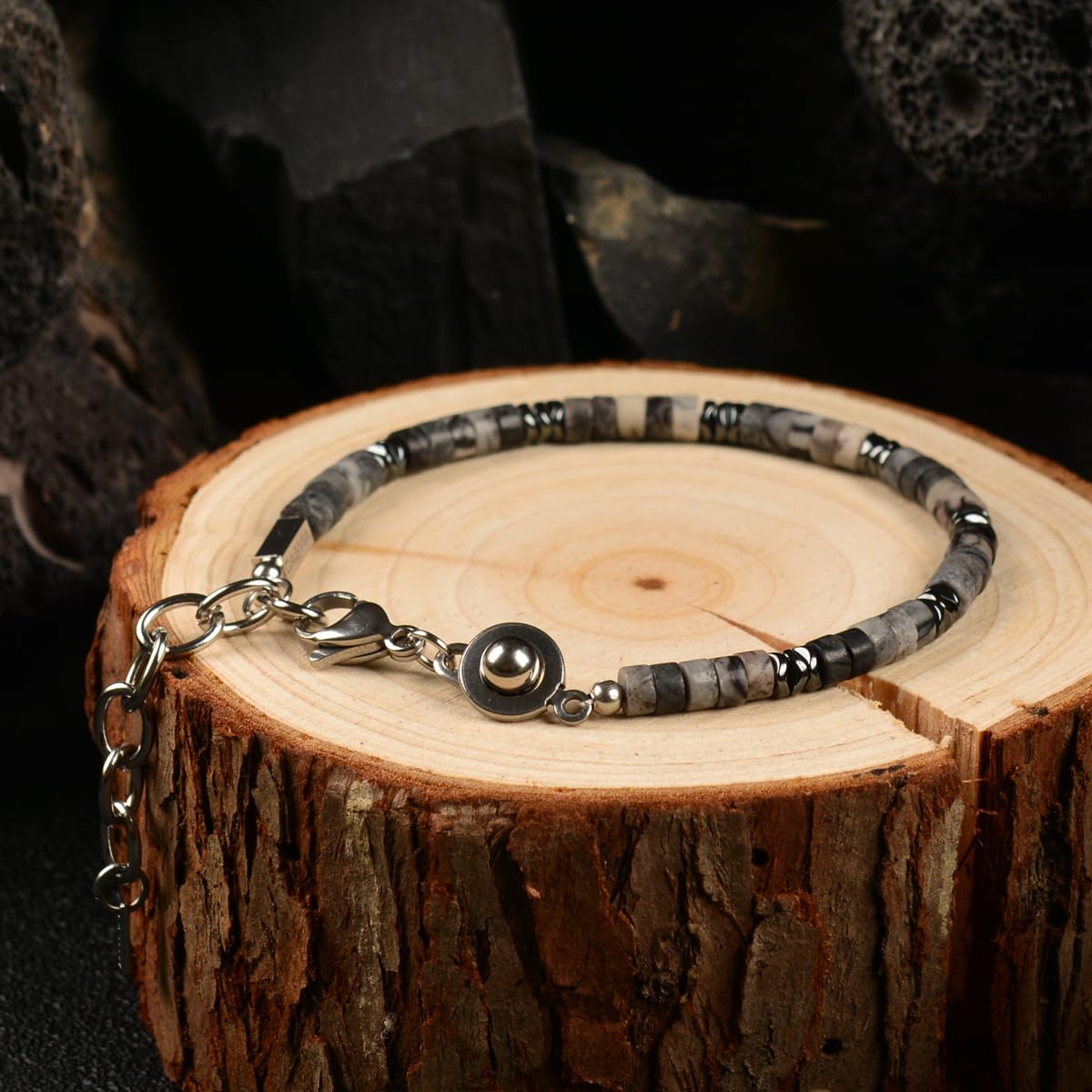 Casvia Men's Hematite & Black Grid Stone Beaded Bracelet, Adjustable Stainless Steel, Thickened Steel Wire Handmade Original Rugged Jewelry, Birthday Gift for Dad & Boyfriend