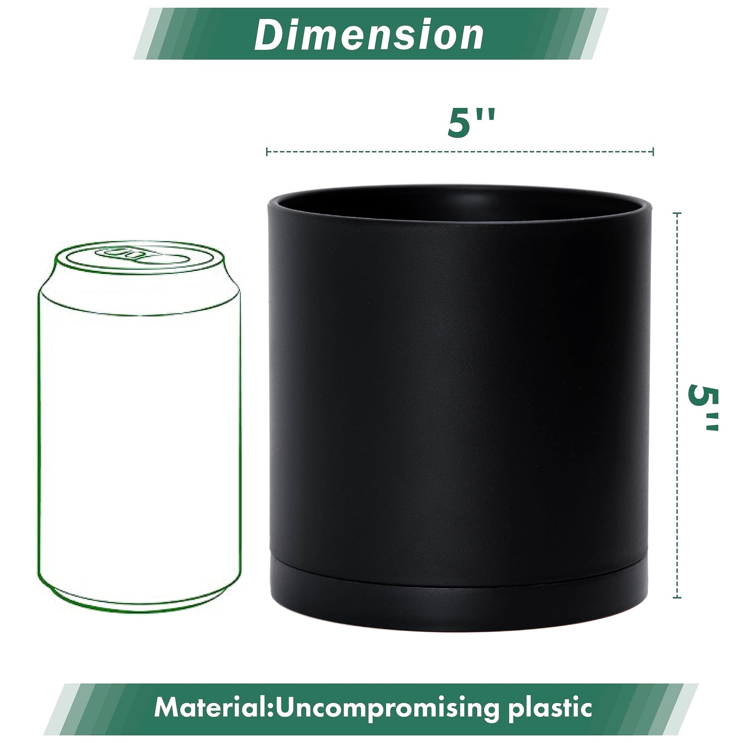 D'vine Dev 2 Pack 5 Inch Modern Plastic Plant Pots, Small Garden Planters for Plant with Drainage Holes and Saucers, Black Color, 74-Y-G-1