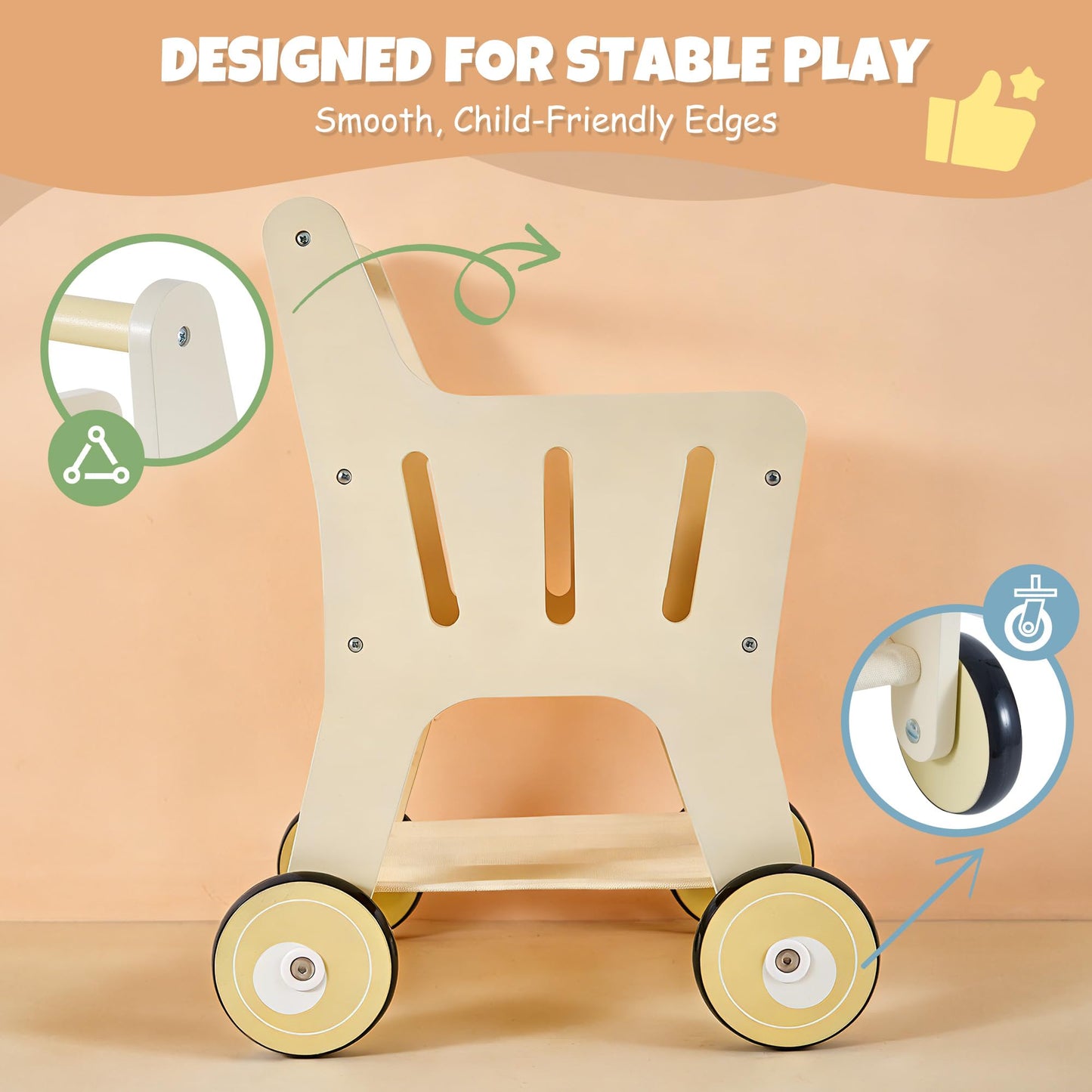 Pithfor Wooden Shopping Cart for Kids, 3 in 1 Wooden Baby Push Walker, Baby Doll Stroller, Toy Shopping Cart for Toddlers 1-3