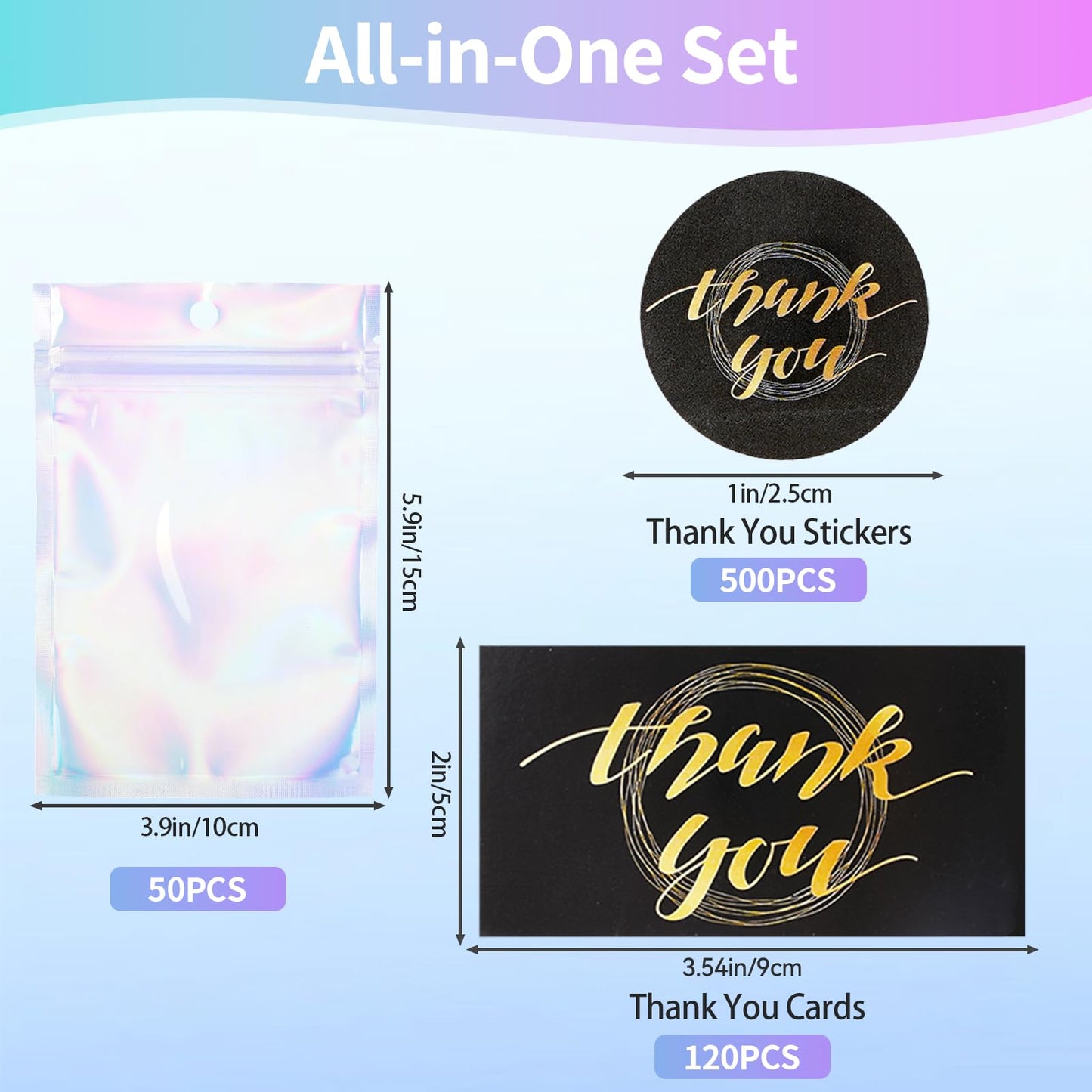670Pcs Thank You Cards and Stickers Set- 500 Thank You for Supporting My Small Business Stickers & 120 Cards with 50 Resealable Packaging Bags, Small Business Essentials (Black)