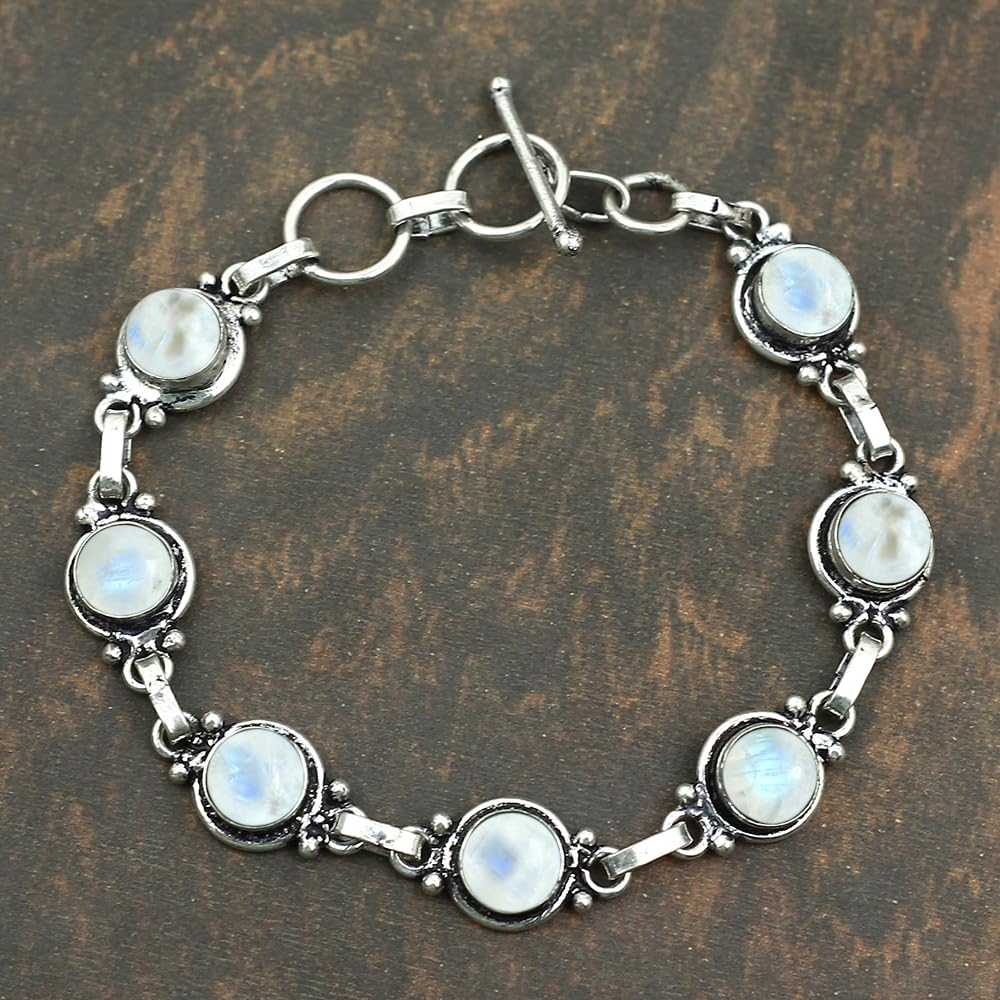 Natural Moonstone 925 Silver Plated Round Gemstone Link Bracelet for Women - White Stone June Birthstone Vintage Style Adjustable Bracelet - Handmade Gifts for Mom Wife Sister Her