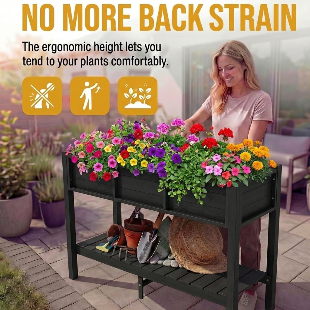 DWVO Raised Planter Box with Legs 48x18x30in Raised Garden Bed HDPE Poly Wood Weather-Resistant Elevated Garden Bed with Storage Shelf, Planter Boxes Outdoor for Patio Balcony Backyard, Black