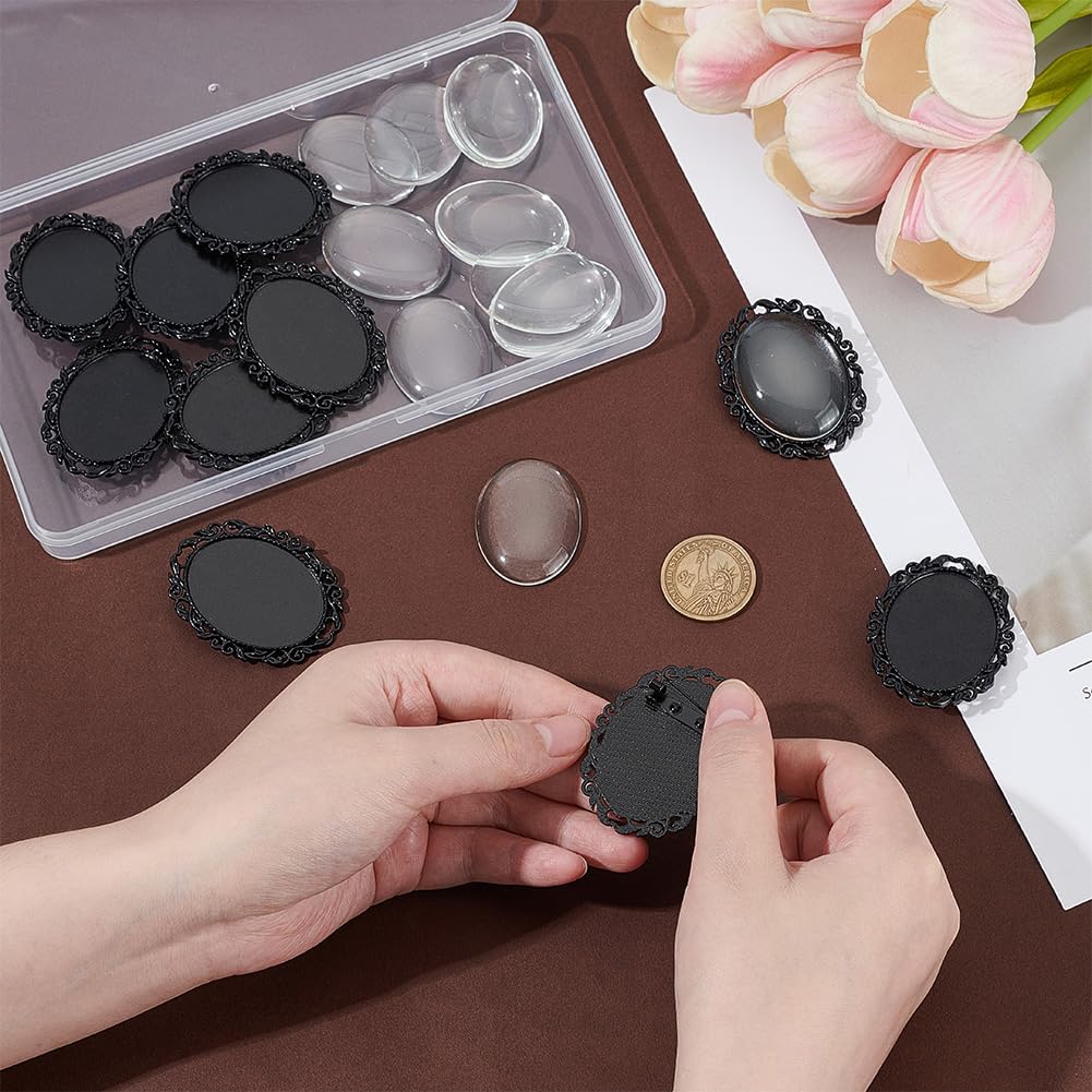 PH PandaHall 10 Sets Brooch Cabochon Making Kit, 40x30mm Vintage Oval Brooch Bezel Blank Photo Brooches Memorial Photo Pins with Clear Glass Cabochons for Jewelry Making Wedding Party, Black