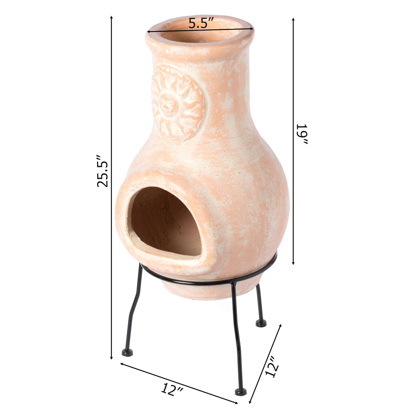 Outdoor Beige Clay Chiminea Outdoor Fireplace Sun Design Charcoal Burning Fire Pit with Sturdy Metal Stand, Barbecue, Cocktail Party, Family Gathering, Cozy Nights Fire Pit