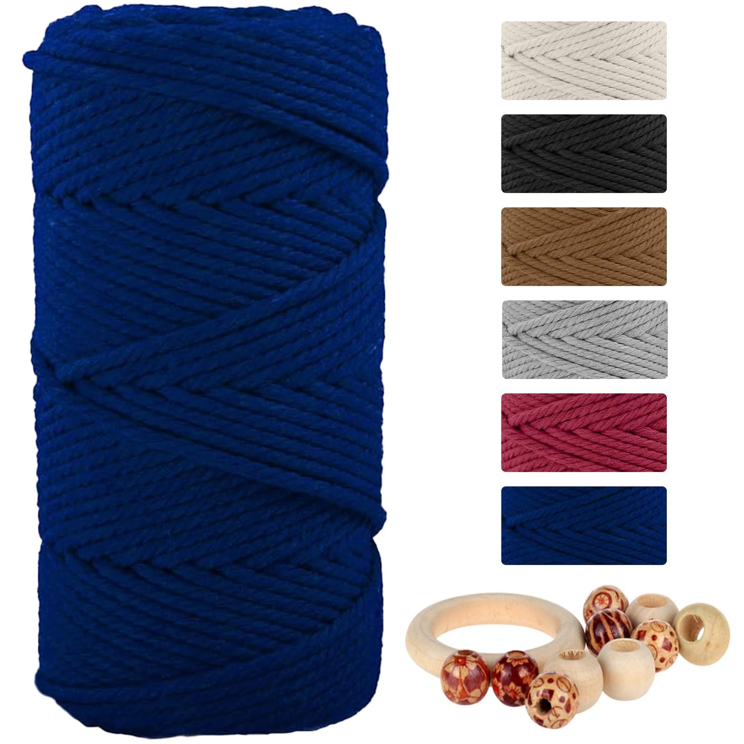 Natural Macrame Cord Cotton Rope with Wooden Beads & Rings, 6mm x109 Yards 4 Strand Twisted, Munzong Handmade Macrame Rope for Wall Hanging, DIY Craft, Knitting Plant Hanger(100m, Sapphire Blue)