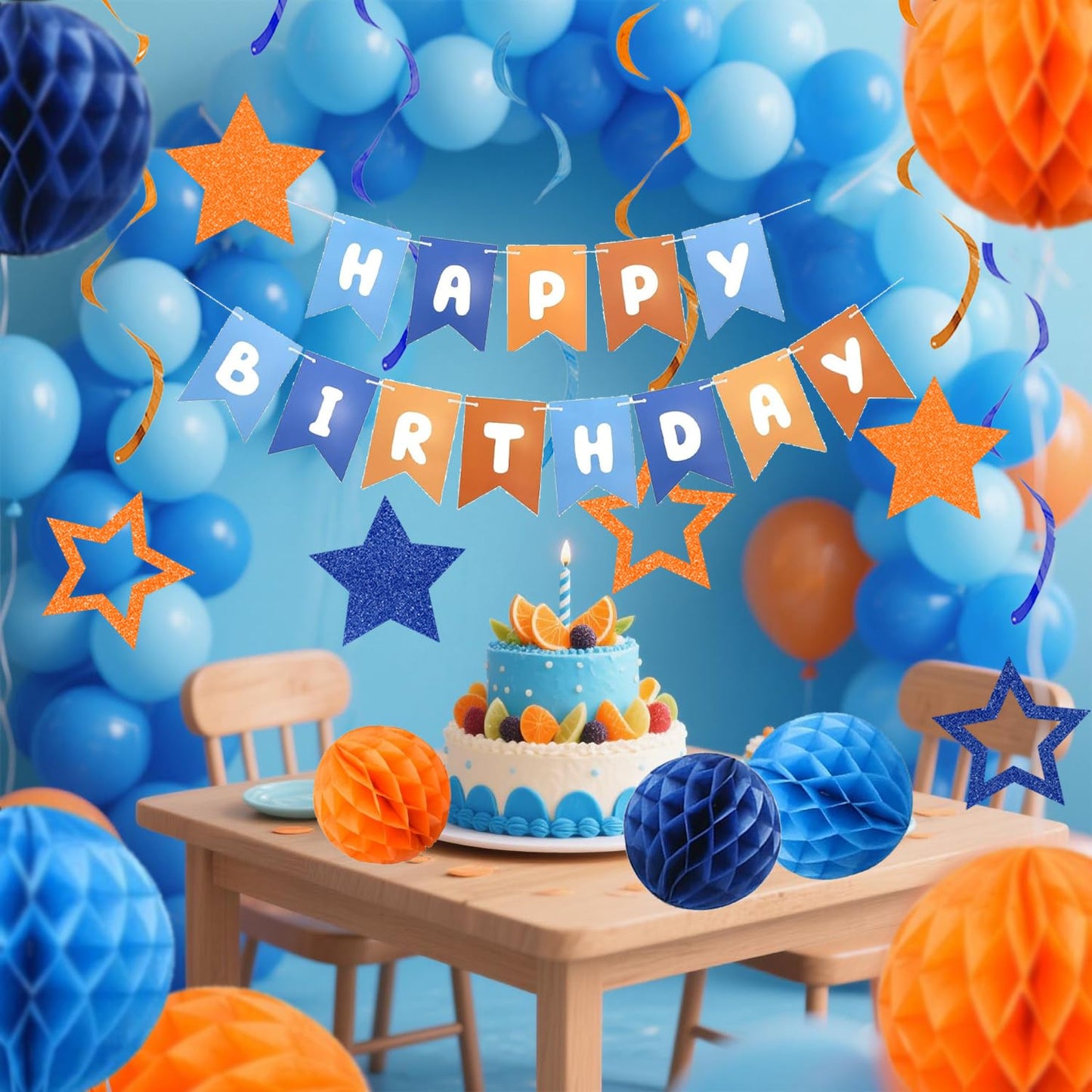 Pre-Strung Happy Birthday Decorations for Boys Men Women, Orange Blue Birthday Banner with Honeycomb Balls, Stars Hanging Swirl Streamers, Circle Dots Garland
