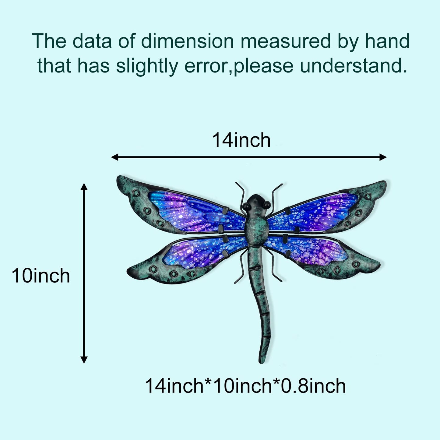 HONGLAND Metal Dragonfly Decor, Dragonfly Outdoor Wall Decor, Metal Wall Art, Wall Sculptures Gifts Hanging Decorations for Garden Yard Home-Blue 14 Inch