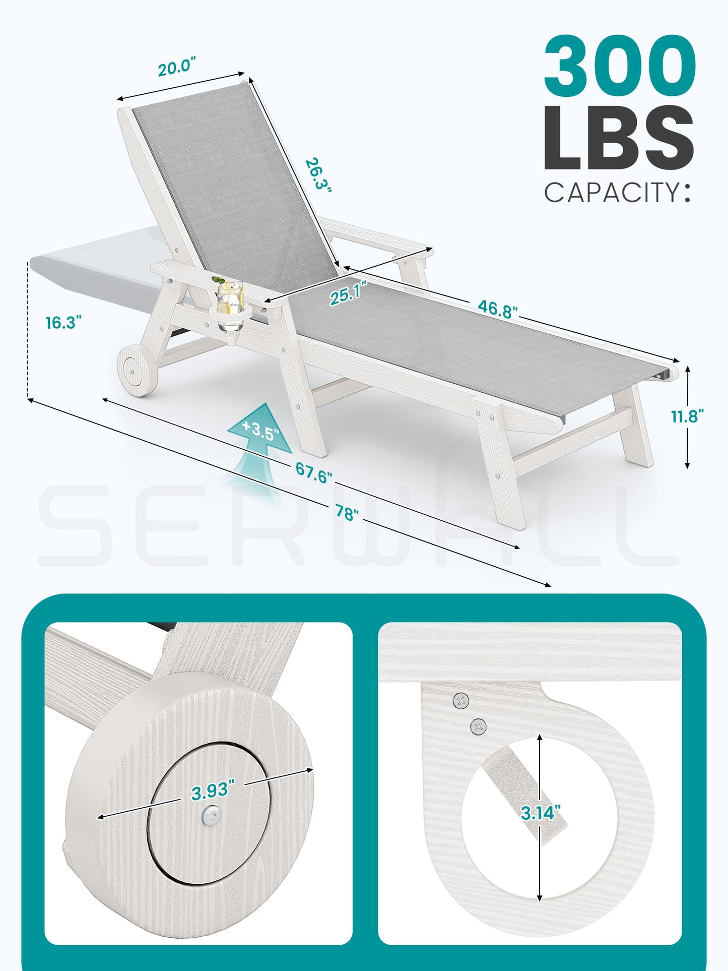 SERWALL Textilene Patio Chaise Lounge Chair Set of 2, 5 Positions Outdoor Lounger with Rolling Wheels for Pool, Deck, White
